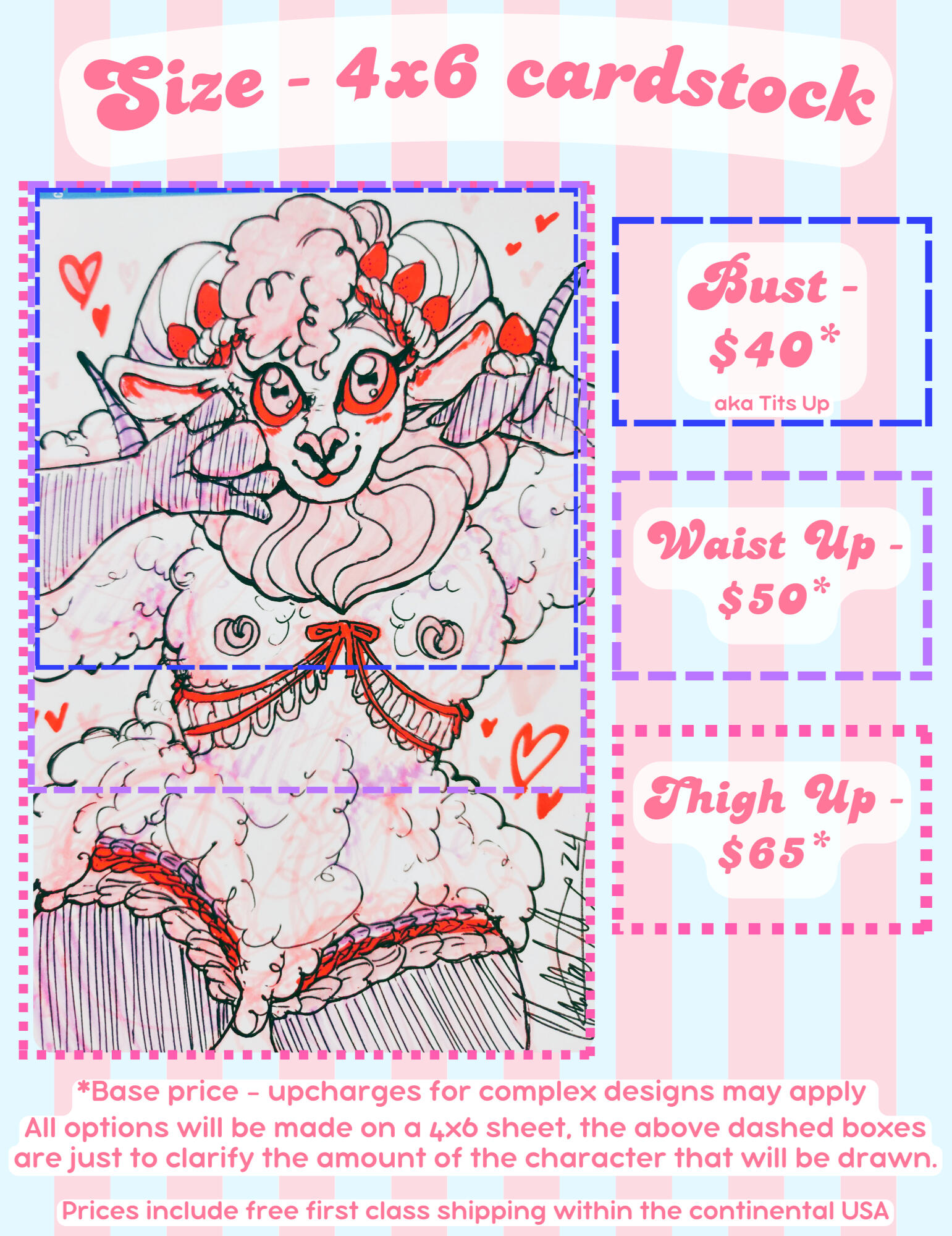 Reference showing the sizes and prices of commissions